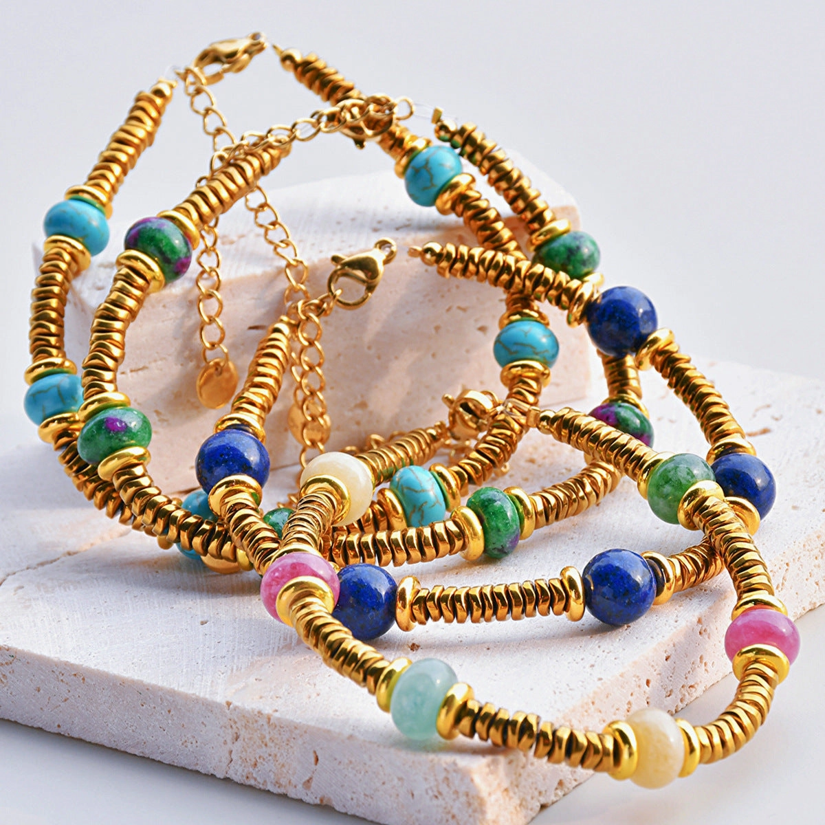 Wholesale Retro texture color natural stone stitching titanium steel bracelet