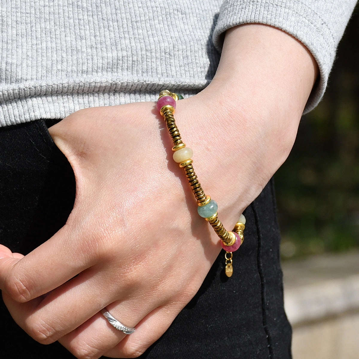 Wholesale Retro texture color natural stone stitching titanium steel bracelet