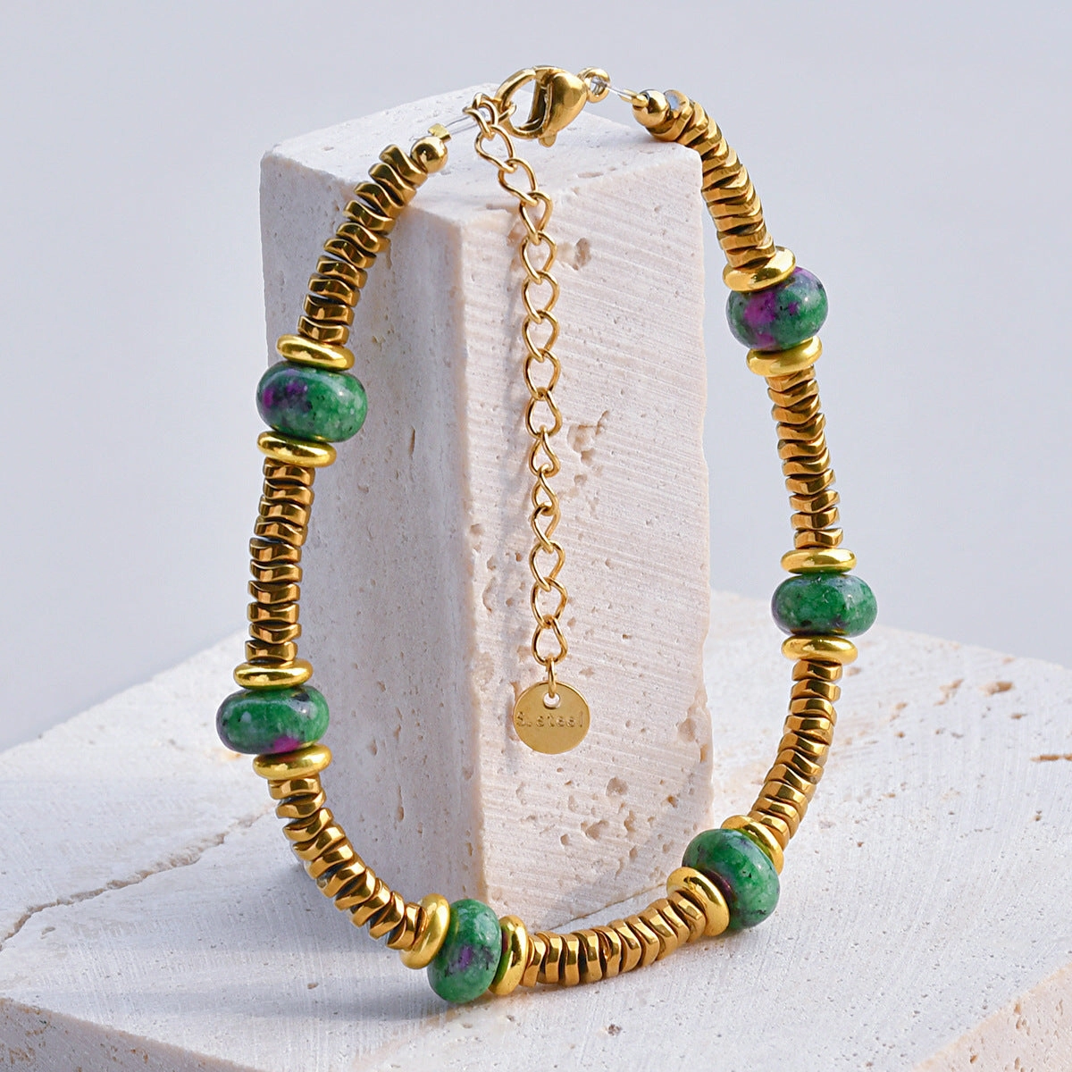 Wholesale Retro texture color natural stone stitching titanium steel bracelet