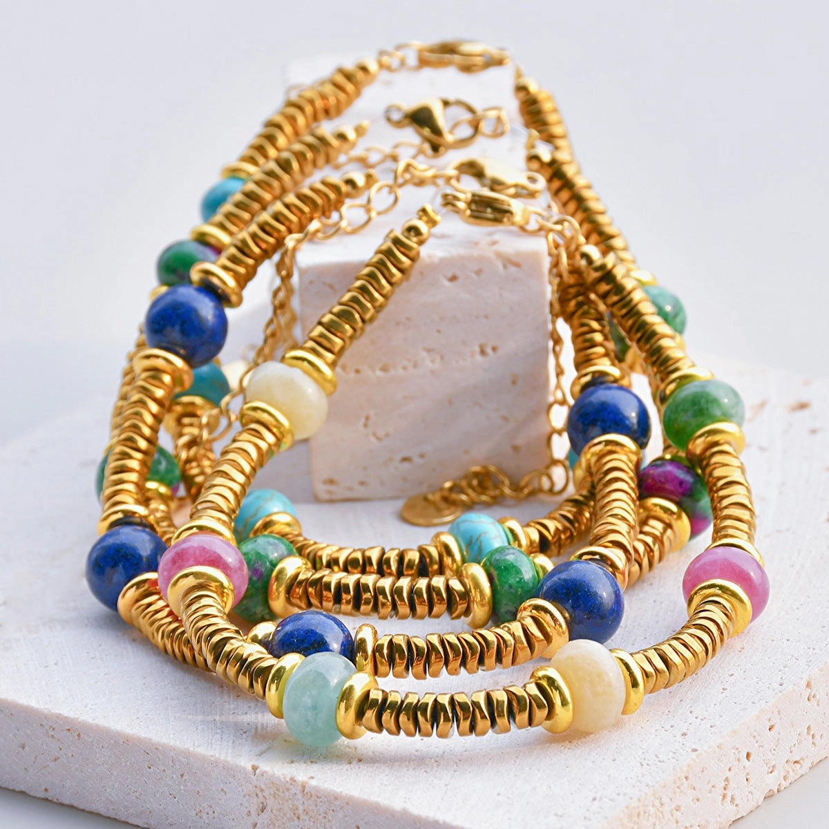 Wholesale Retro texture color natural stone stitching titanium steel bracelet