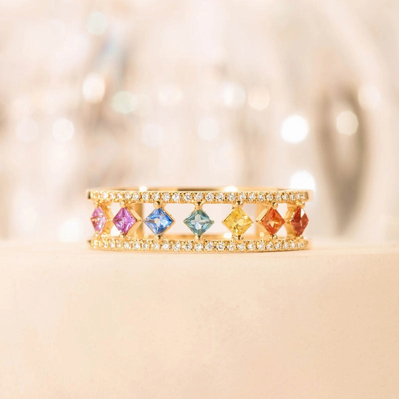Wholesale Rhombus Colorful Zircon Gold Plated Copper Rings