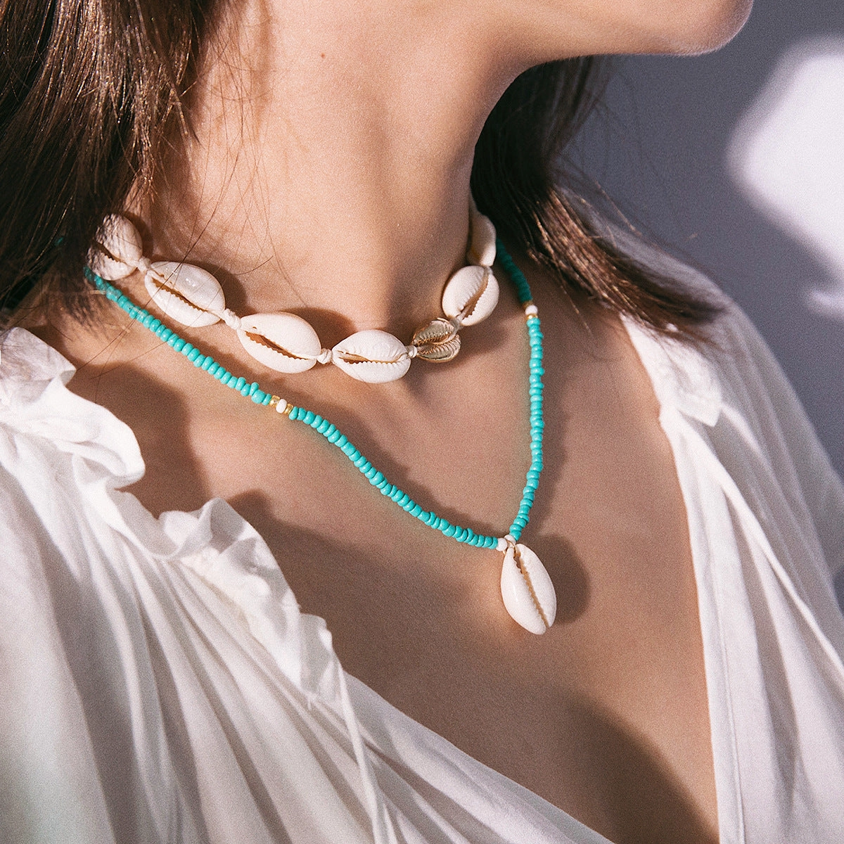 Wholesale Rice Beads Seashell Double Layer Alloy Necklaces