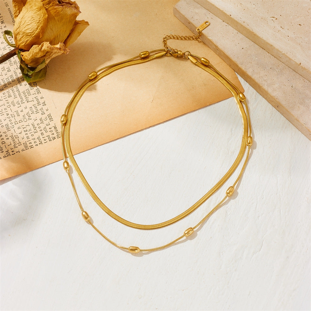Wholesale Rice Grain Bead Blade Chain Double Layer Stacked Titanium Steel Necklace
