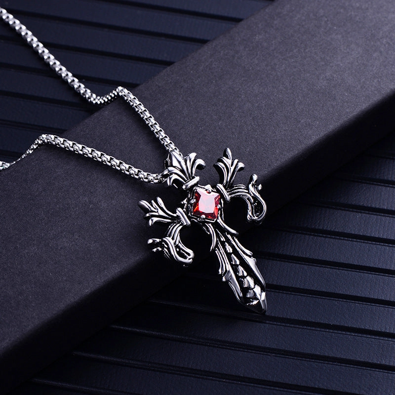 Wholesale Ruby Paved Pendant Double Dragon Cross Stainless Steel Necklaces