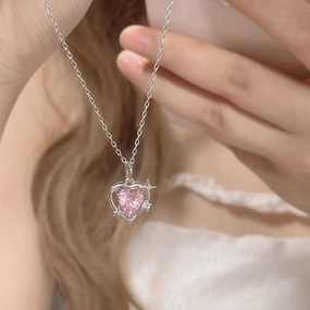 Wholesale S925 Silver Pink Heart Hollow Out Necklaces