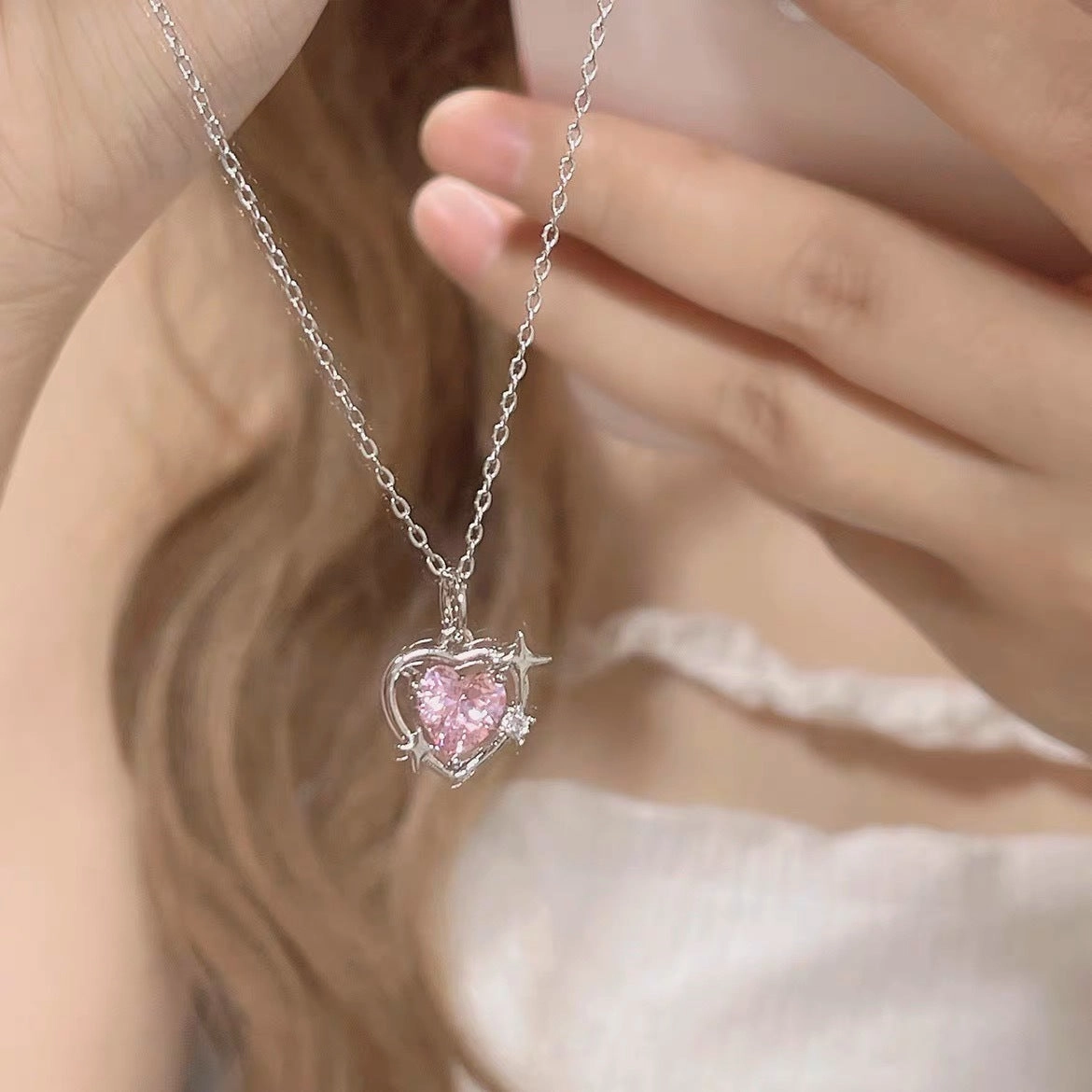 Wholesale S925 Silver Pink Heart Hollow Out Necklaces