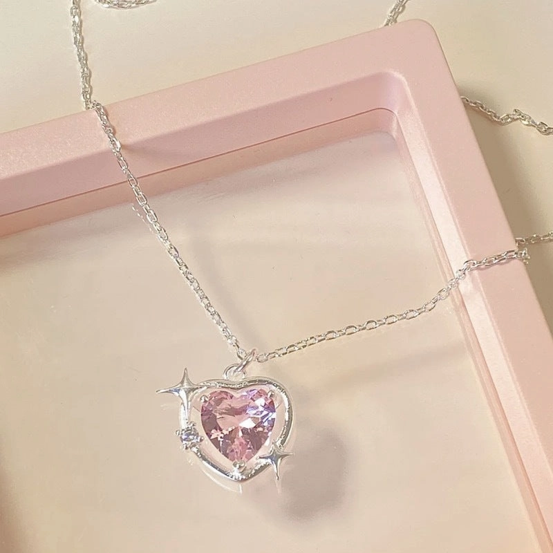 Wholesale S925 Silver Pink Heart Hollow Out Necklaces