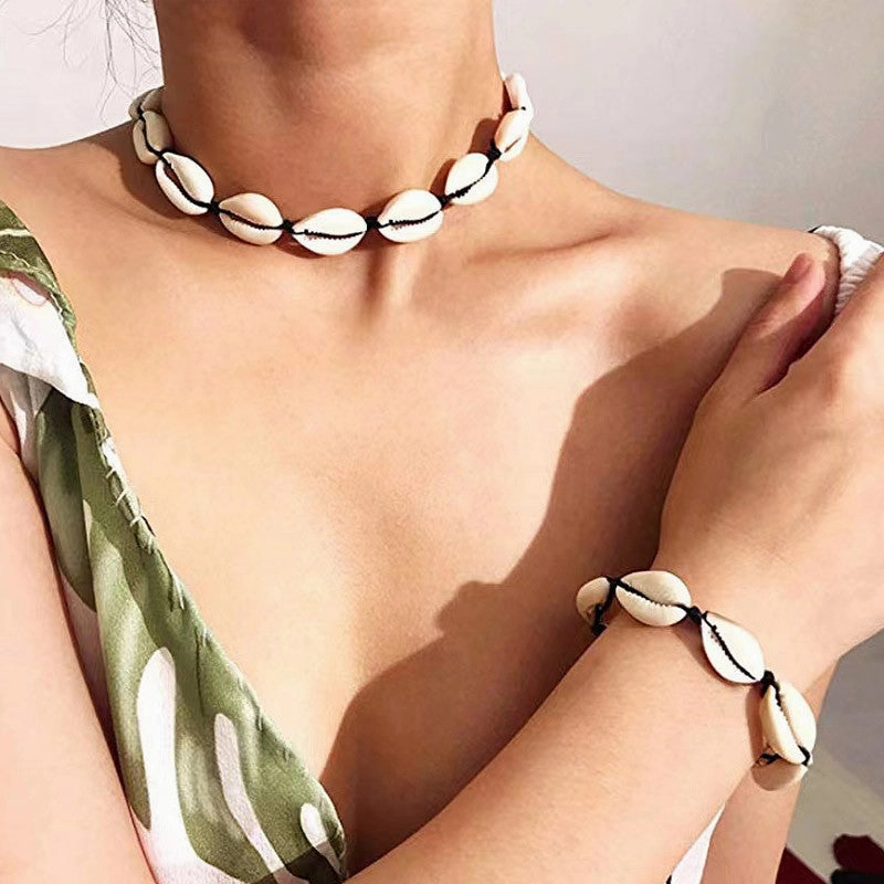 Wholesale Seaside Beach Vacation Shell Knotted Alloy Necklaces Bracelet Set