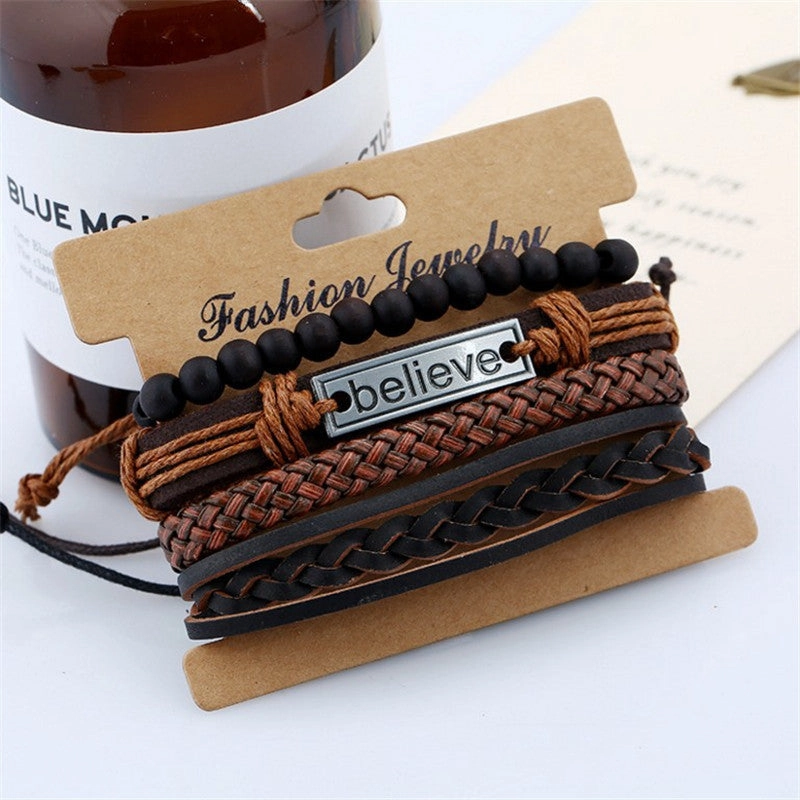 Wholesale Set Men's Retro Woven DIY Leather Bracelet