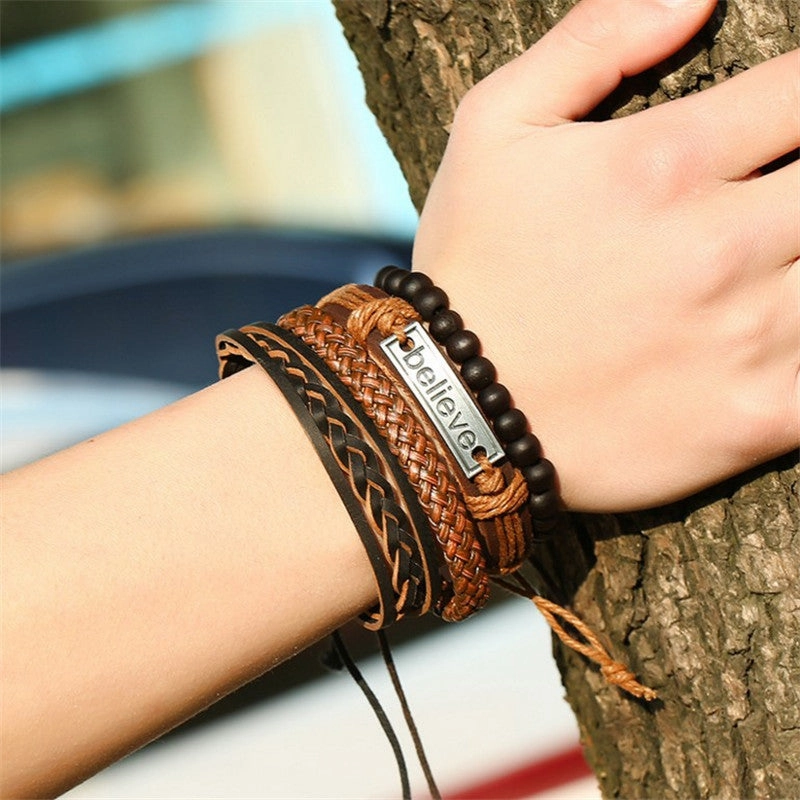 Wholesale Set Men's Retro Woven DIY Leather Bracelet