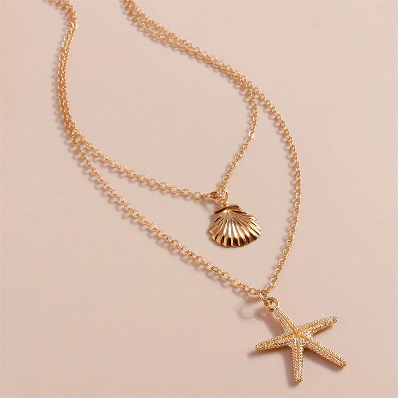 Wholesale Simple beach shell starfish five-pointed star double-layer necklace