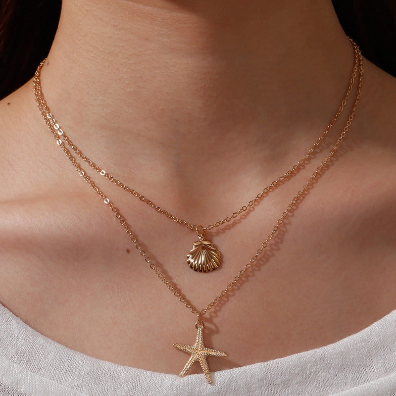 Wholesale Simple beach shell starfish five-pointed star double-layer necklace