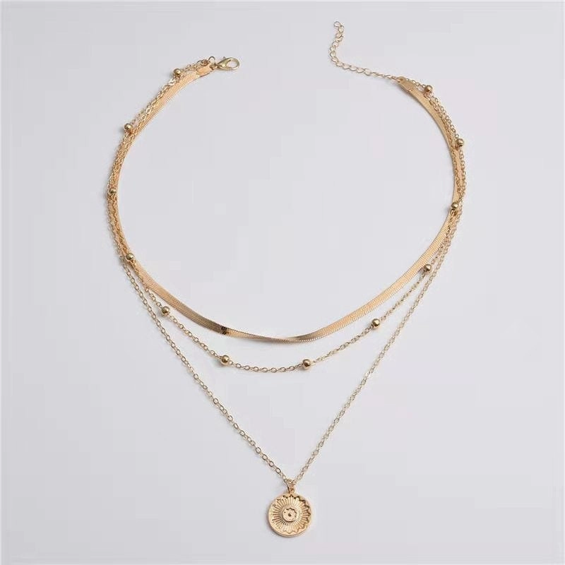 Wholesale Simple Multi-layer Lotus Pendant Gold Bead Disc Blade Chain Necklace Chain