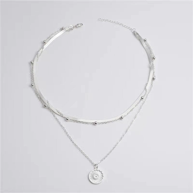 Wholesale Simple Multi-layer Lotus Pendant Gold Bead Disc Blade Chain Necklace Chain