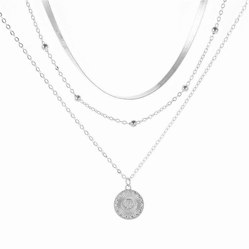 Wholesale Simple Multi-layer Lotus Pendant Gold Bead Disc Blade Chain Necklace Chain