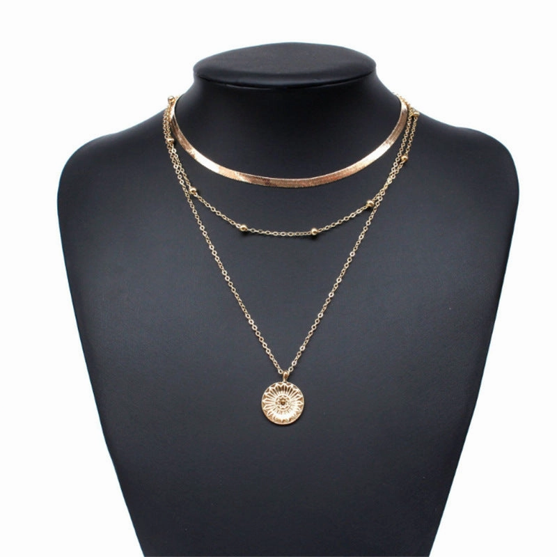 Wholesale Simple Multi-layer Lotus Pendant Gold Bead Disc Blade Chain Necklace Chain