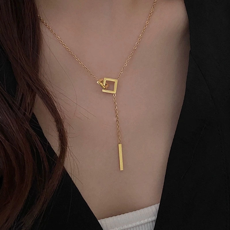 Wholesale Simple Temperament Square Geometric Tassel Titanium Steel Necklace