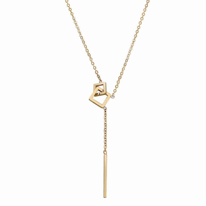 Wholesale Simple Temperament Square Geometric Tassel Titanium Steel Necklace
