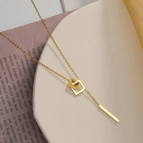 Wholesale Simple Temperament Square Geometric Tassel Titanium Steel Necklace