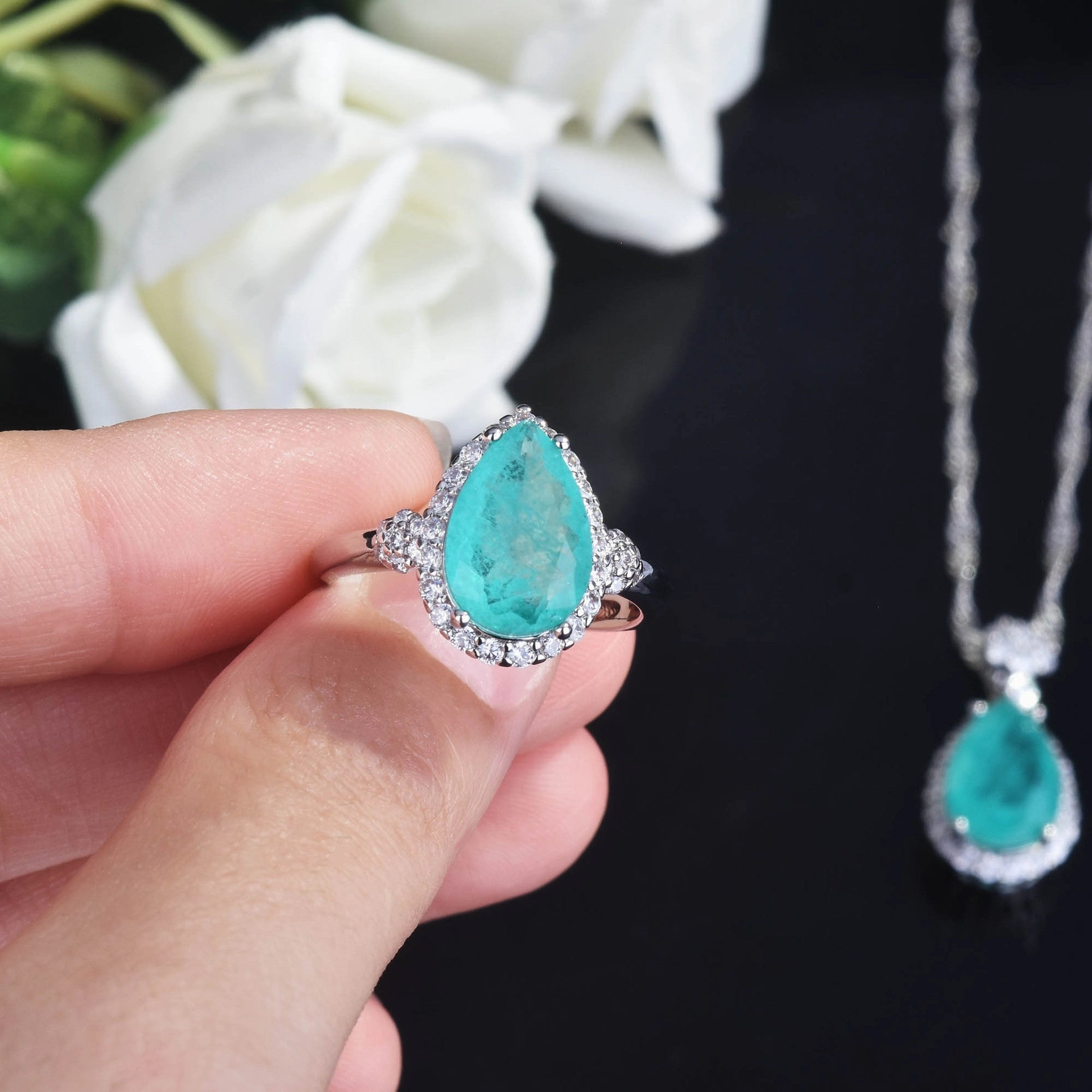 Wholesale Simulated Natural Paraiba Set Drop Shape Copper Ring Pendant Necklaces Earrings