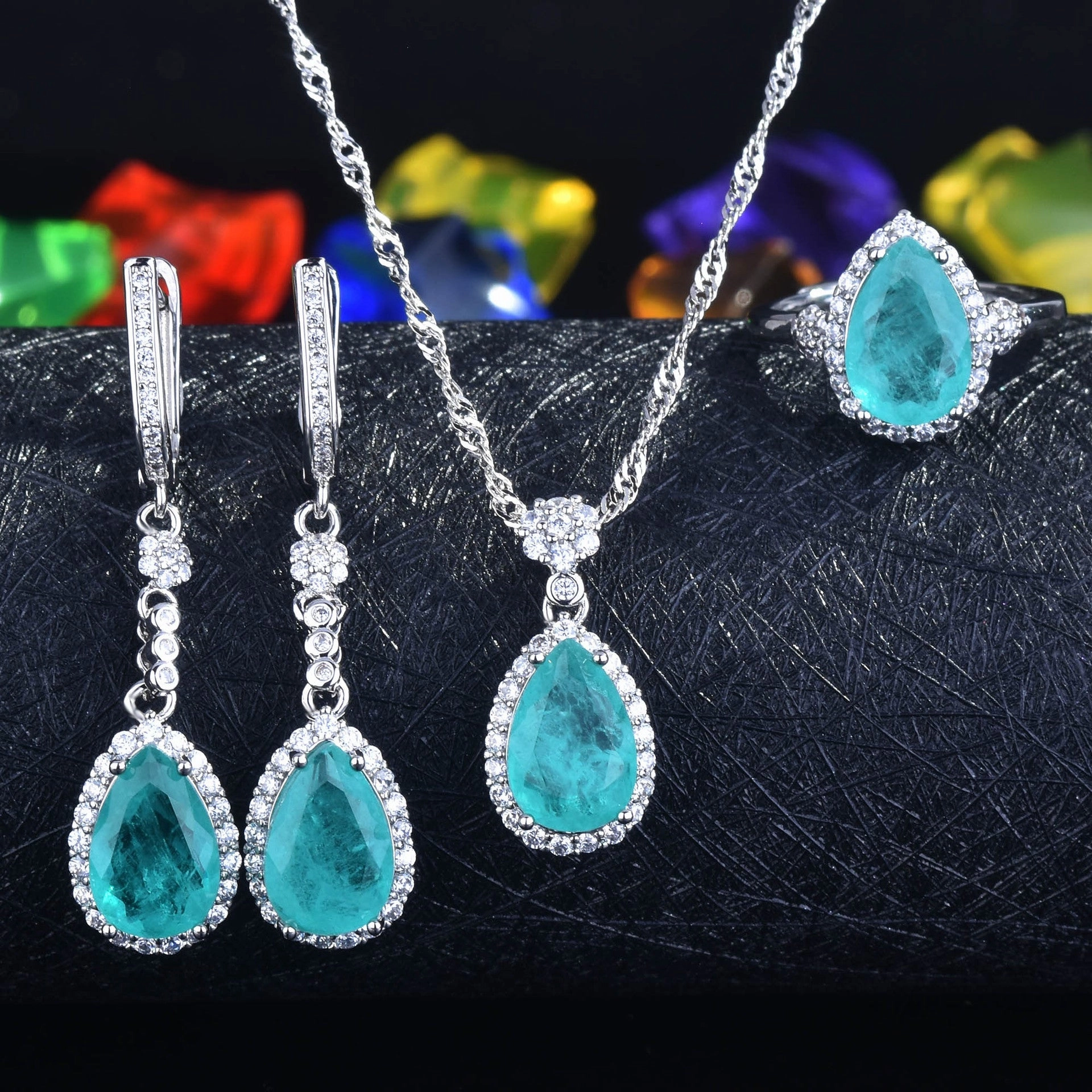 Wholesale Simulated Natural Paraiba Set Drop Shape Copper Ring Pendant Necklaces Earrings