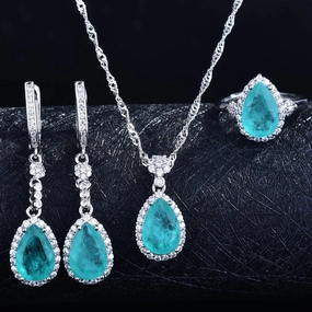 Wholesale Simulated Natural Paraiba Set Drop Shape Copper Ring Pendant Necklaces Earrings