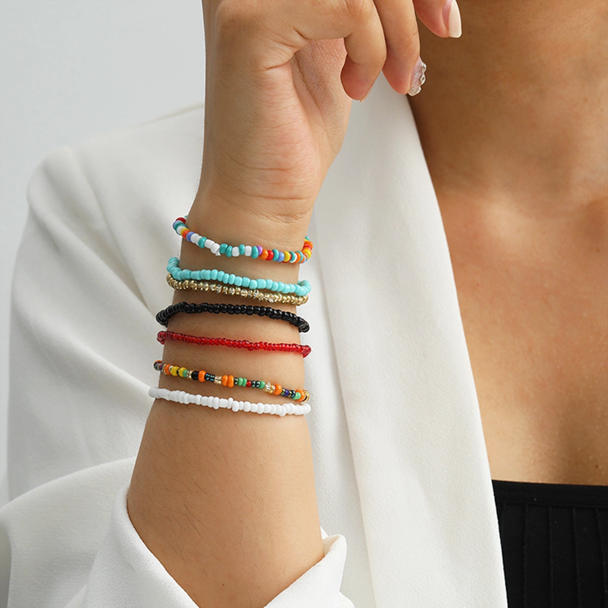 Wholesale Single Ply Hand Beaded Geometric Contrasting Color Rice Beads Stretch Bracelet