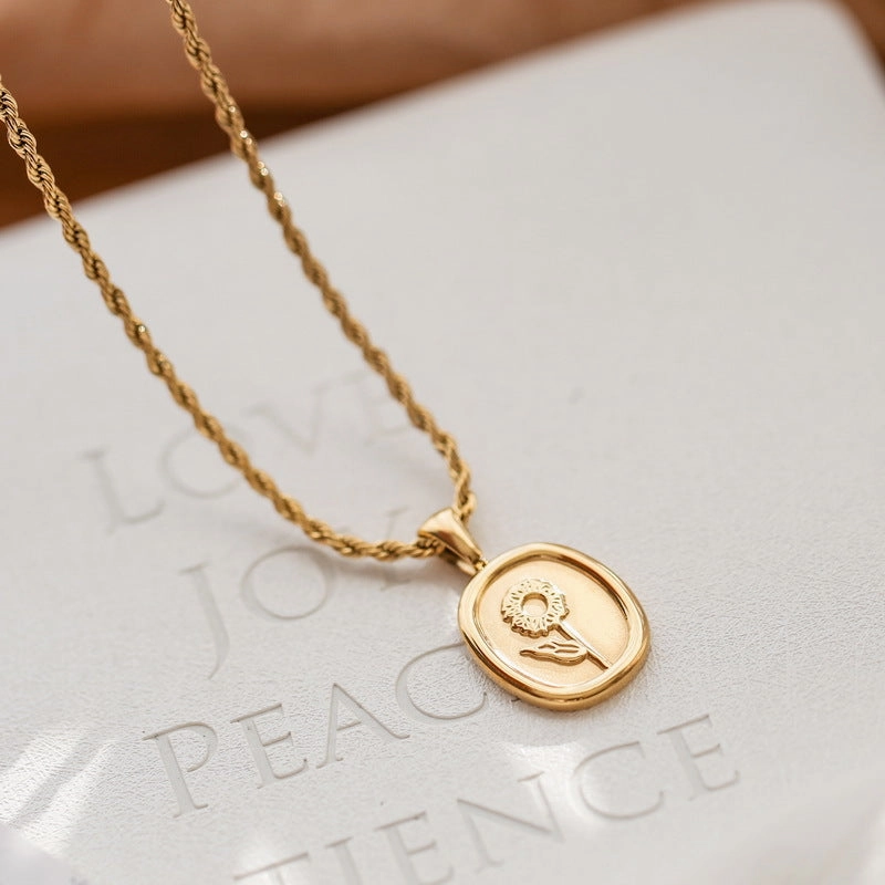 Wholesale Small Square Brand Flower Sunflower Titanium Steel Necklaces