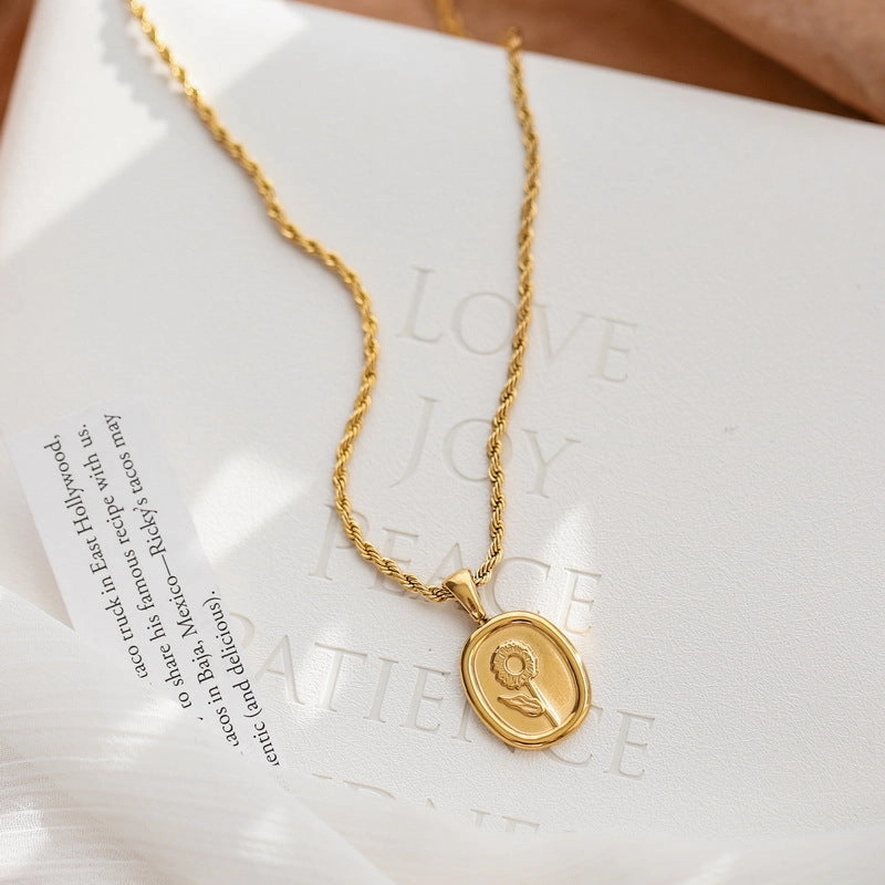 Wholesale Small Square Brand Flower Sunflower Titanium Steel Necklaces