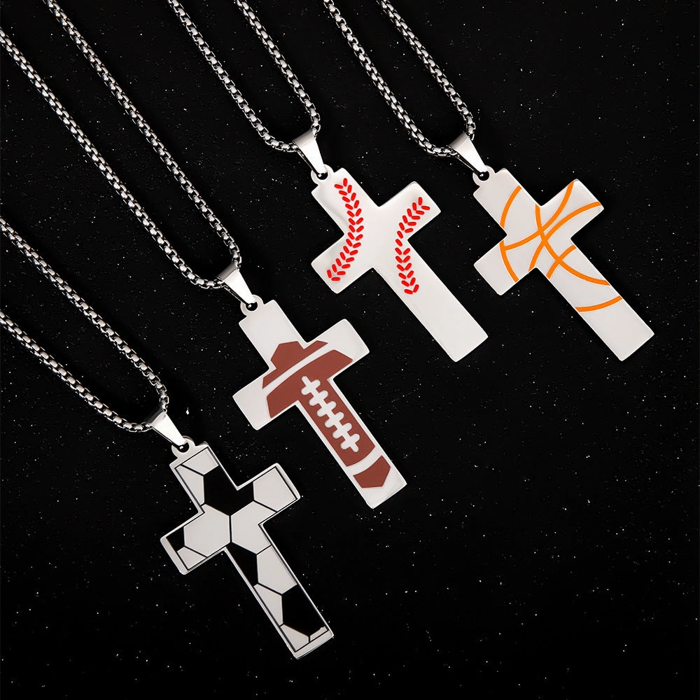 Wholesale Sports Style Basketball Rugby Football Stainless Steel Cross Pendant Necklace