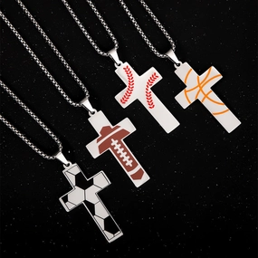Wholesale Sports Style Basketball Rugby Football Stainless Steel Cross Pendant Necklace
