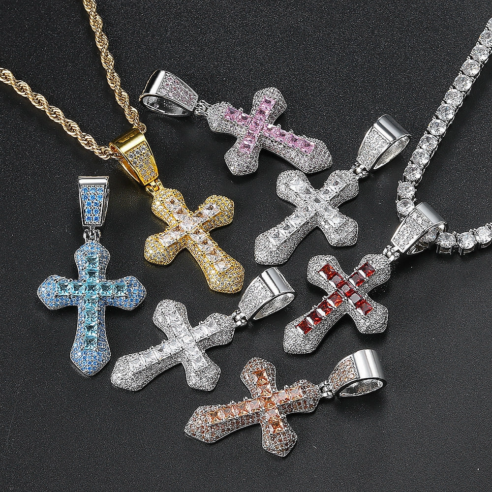 Wholesale Square Color Zircon Cross Pendant Copper Necklaces