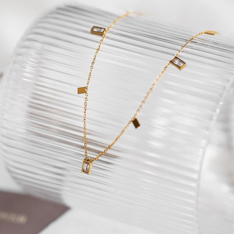 Wholesale Square Crystal Tassel Titanium Steel Necklaces