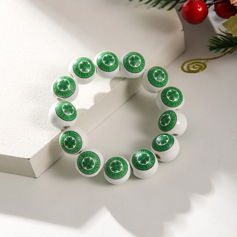Wholesale St. Patrick's Day Wooden Beads Bracelet on White Background