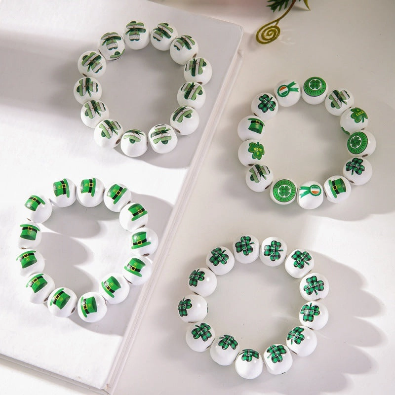 Wholesale St. Patrick's Day Wooden Beads Bracelet on White Background