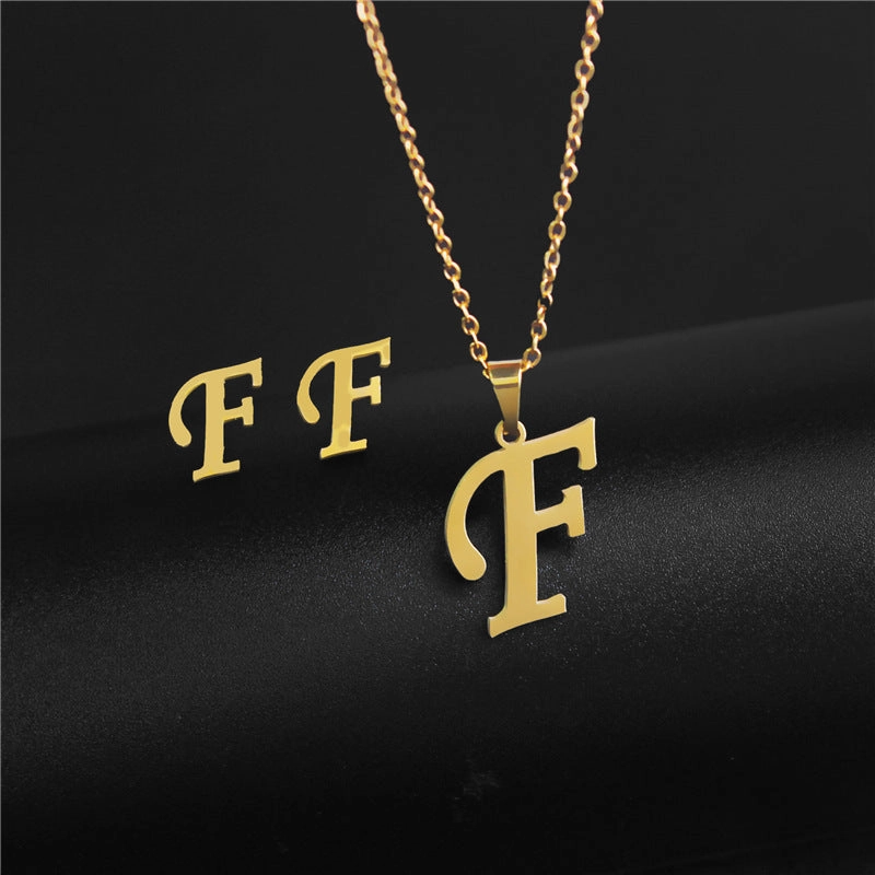 Wholesale Stainless Steel 26 Letter Necklace Earrings Two Piece Set