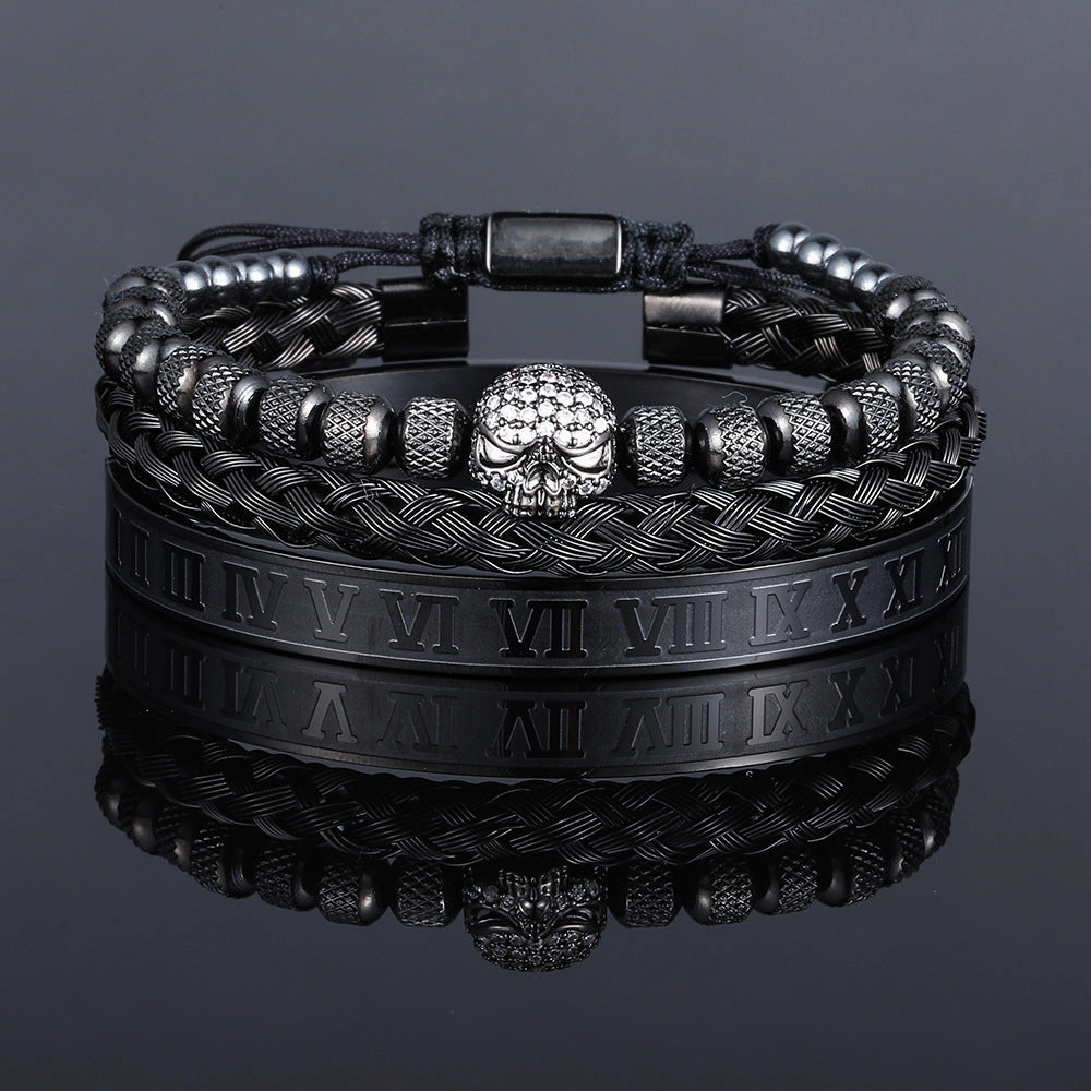 Wholesale Stainless Steel 6mm Pineapple Beads Braided Skull Bracelet