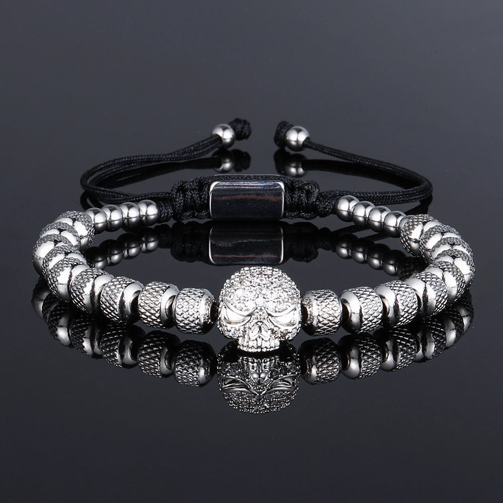 Wholesale Stainless Steel 6mm Pineapple Beads Braided Skull Bracelet