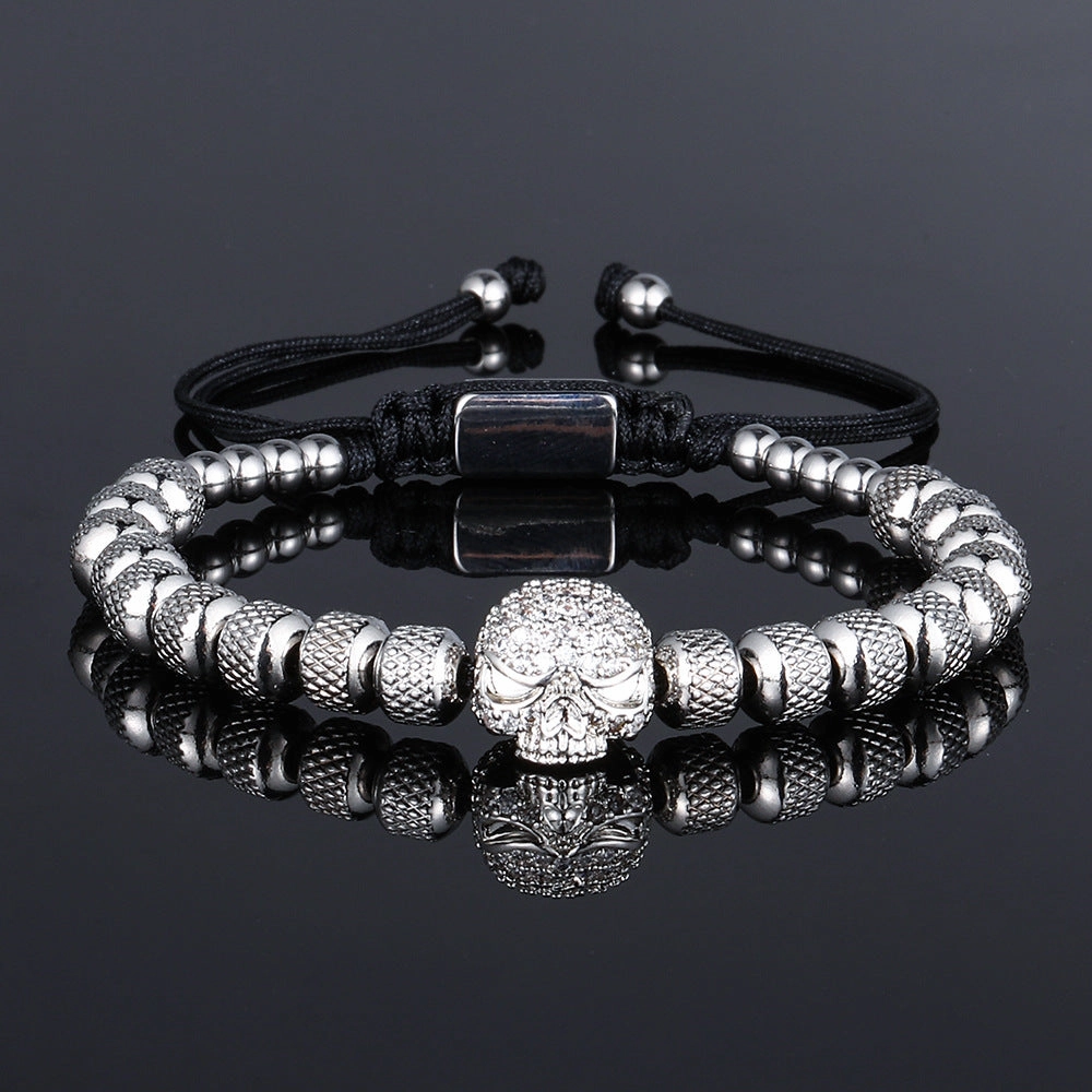 Wholesale Stainless Steel 6mm Pineapple Beads Braided Skull Bracelet