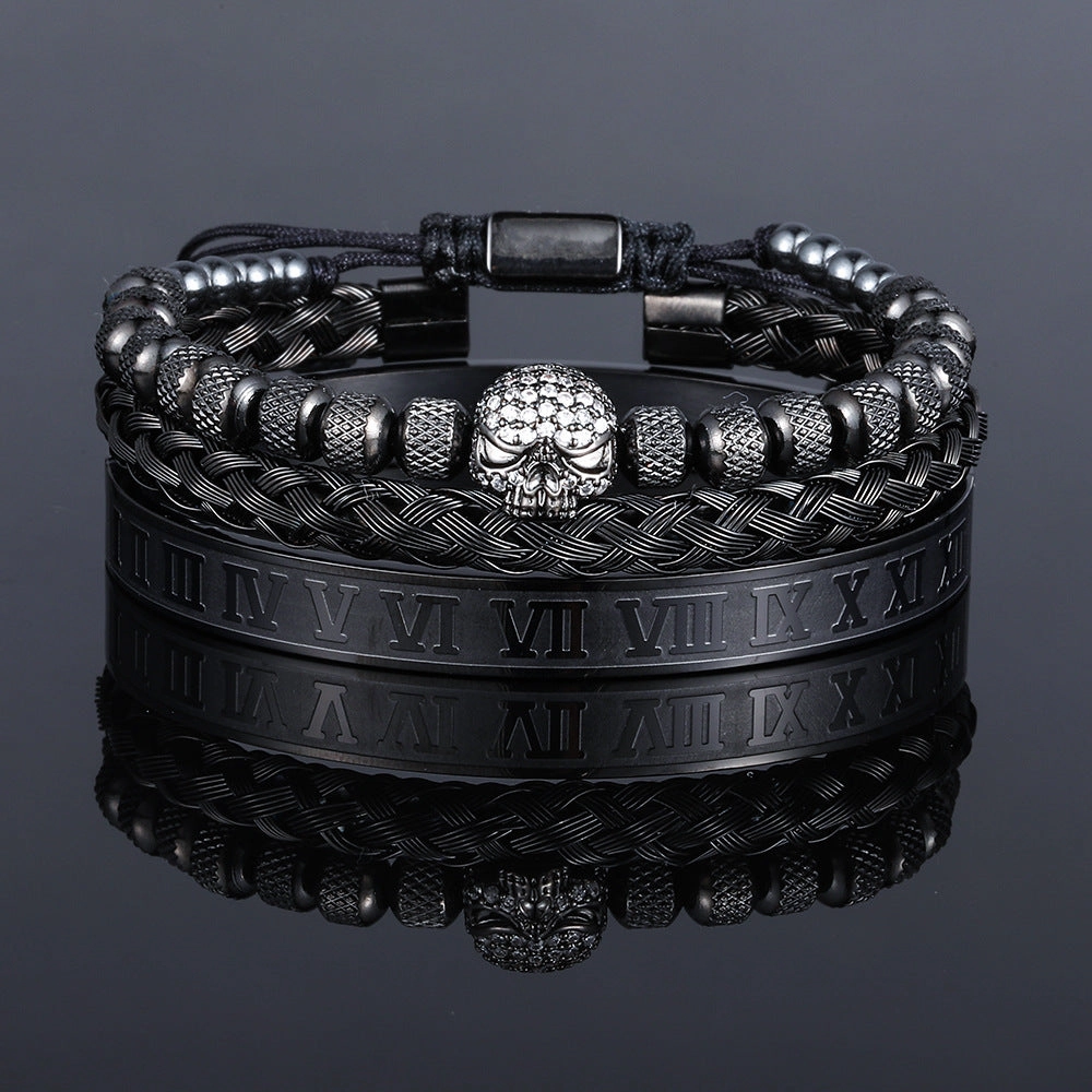 Wholesale Stainless Steel 6mm Pineapple Beads Braided Skull Bracelet