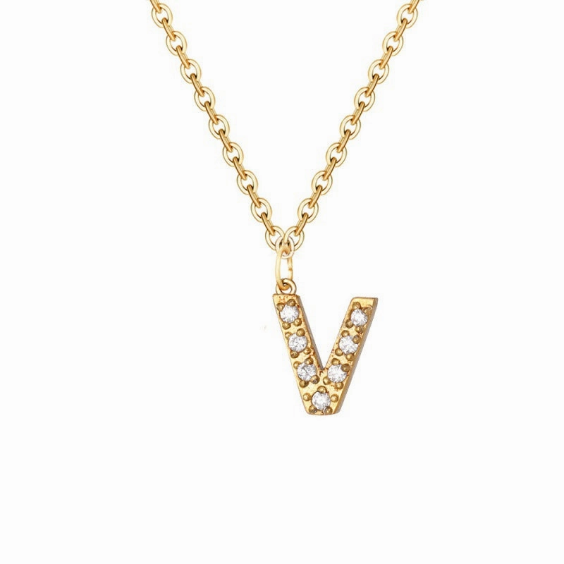 Wholesale Stainless Steel Diamond Alphabet Pendant 14K Gold Plated Necklaces