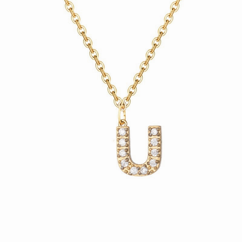 Wholesale Stainless Steel Diamond Alphabet Pendant 14K Gold Plated Necklaces