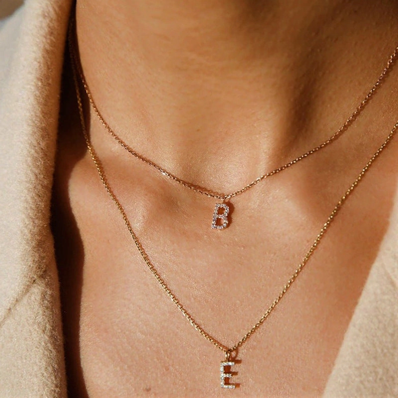 Wholesale Stainless Steel Diamond Alphabet Pendant 14K Gold Plated Necklaces