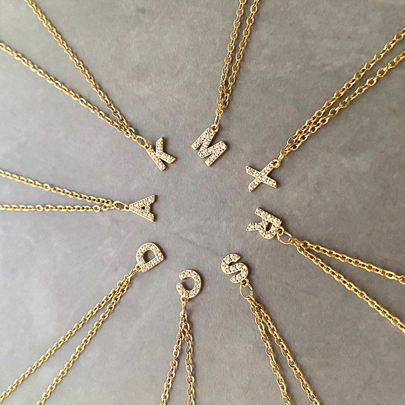 Wholesale Stainless Steel Diamond Alphabet Pendant 14K Gold Plated Necklaces