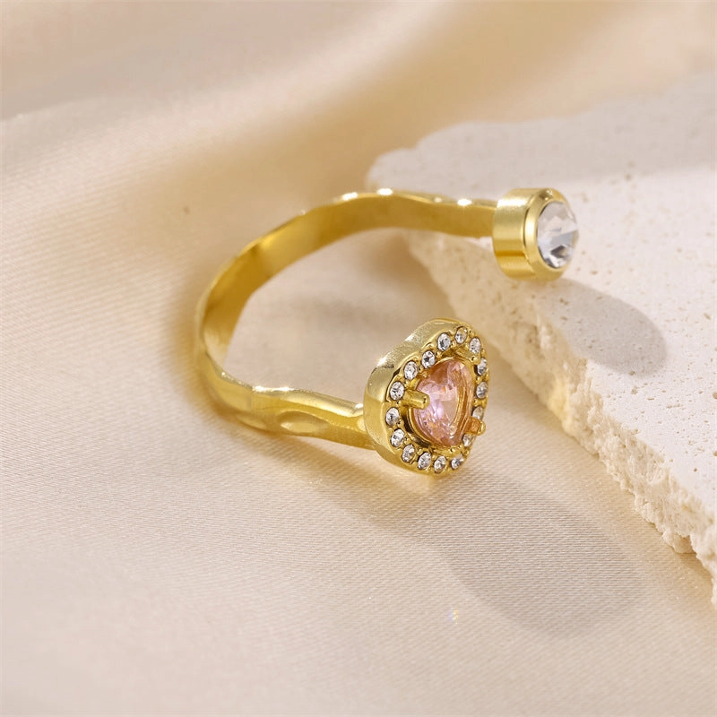 Wholesale Stainless Steel Diamond Inlaid Heart Adjustable Zircon Ring