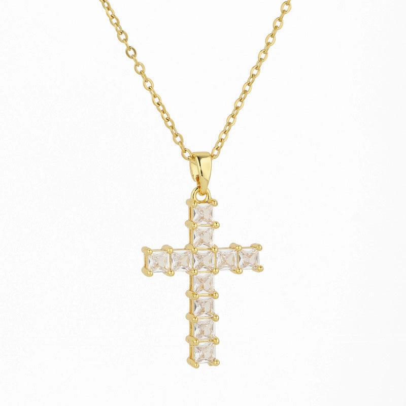 Wholesale Stainless Steel Full Diamond Square Zircon Cross Pendant Necklace