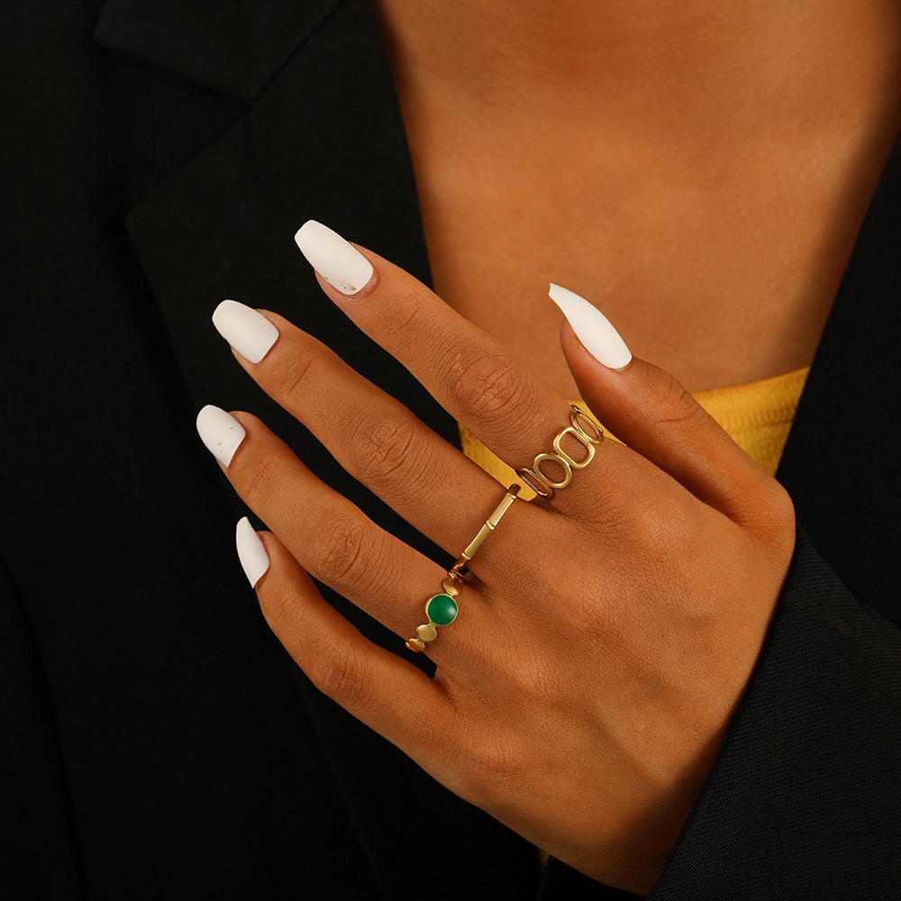 Wholesale Stainless Steel Gold Opening O-shaped Circular Vintage Oil Dropping Green Three Piece Ring Set