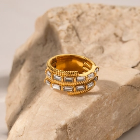 Wholesale Stainless Steel Gold Plated Asymmetric Square Zircon Ring