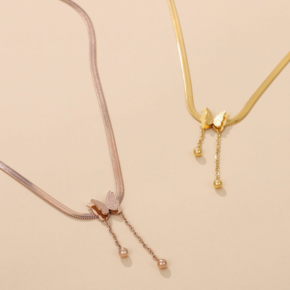 Wholesale Stainless Steel Gold Plated Frosted Butterfly Necklace
