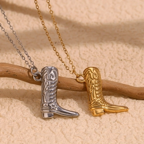 Wholesale Stainless Steel Gold Plated Western Cowboy Boot Pendant Necklace